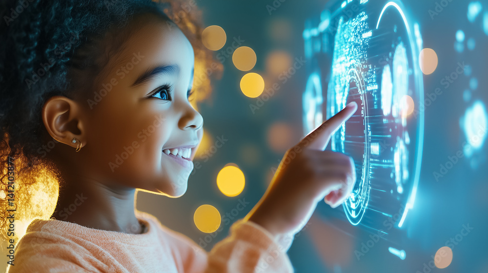 Poster child smiling while pointing at glowing digital technology display. engaged in interactive experienc