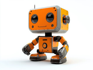 Fototapeta premium Cute robot toy with orange and gray design, featuring large expressive eyes and friendly smile. This charming character is perfect for children playtime or as decorative item