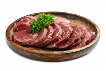 Sliced cured meat garnished with fresh herbs on a wooden platter against a white background isolated on transparent background