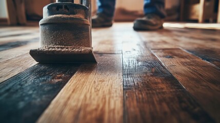 Carpenter sanding the surface of a wooden floor. Featuring wood finishing and flooring work