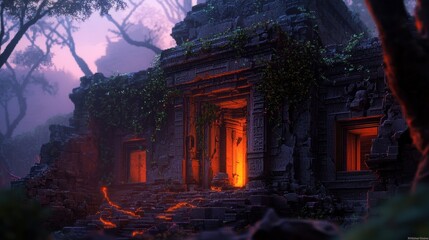 Fototapeta premium Ancient temple ruins, glowing entrance, mystical forest at twilight