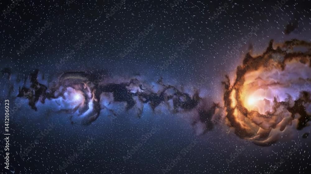 Poster cosmic journey through vibrant spiral galaxy with dynamic star patterns