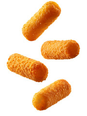 Crispy fried mozzarella sticks falling with transparent background