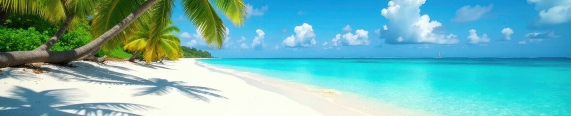 Fototapeta na wymiar White sand beach, crystal-clear turquoise water, swaying palms , sand, coastal view