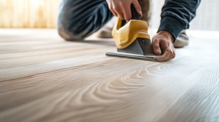 Carpenter sanding wood planks to smooth the surface. Featuring attention to detail and craftsmanship