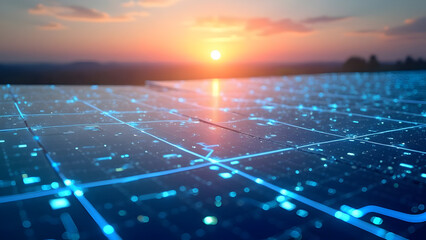 Smart Solar Farm: Networked Renewable Energy at Sunset. Digital grid connecting photovoltaic panels for efficient clean power generation. Sustainable tech.