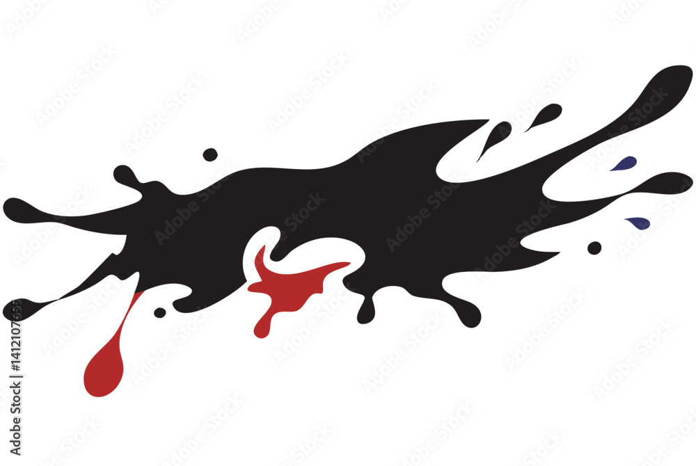 Poster a dynamic black ink splatter with a contrasting red accent, showcasing expressive movement and bold 