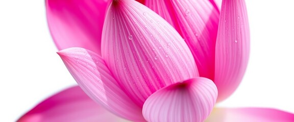 Fototapeta premium Intricate detail of a vibrant pink water lily petal, glistening wet, isolated against pure white, detail, bloom