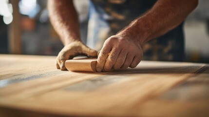 Carpenter sanding wooden surfaces for a furniture project. Featuring woodworking refinishing and attention to detail