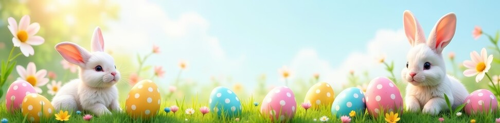 Happy Easter greeting card with pastel flowers, eggs, and bunnies, card, spring
