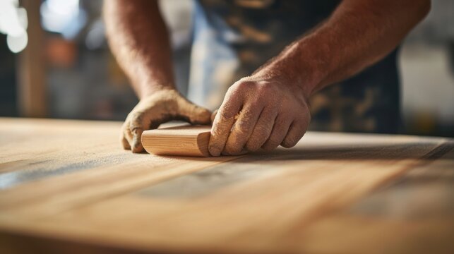 Carpenter sanding wooden surfaces for a furniture project. Featuring woodworking refinishing and attention to detail