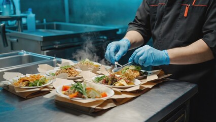 A chef cooking meals with a blue apron and gloves.