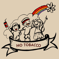 "Happy kids with a ‘No Tobacco’ banner in a colorful, hopeful scene promoting a tobacco-free generation."