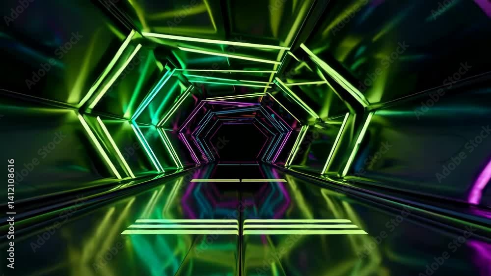 Poster futuristic neon tunnel shifting colors with reflective surfaces and hexagonal patterns