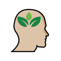 mental health icon. head with plant or leaf inside. psychology, calmness, green energy. simple color 3d design style. vector design template