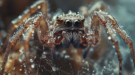 Detailed macro image of a spider covered in water droplets showing intricate details