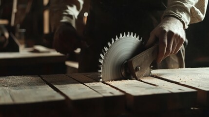 Carpenter using a circular saw to cut wood in a workshop. Featuring woodworking and precise cutting