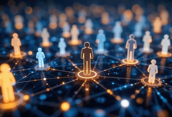 Íconos humanos abstractos sobre nodos de red brillantes que muestran empleados en un entorno de trabajo digital
