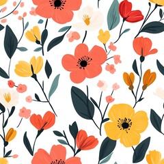 Vibrant Floral Seamless Pattern with Red Yellow and White Flowers on White Background Botanical Design
