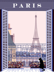 Paris France travel poster cityscape with cat on balcony in first plan and traditional French houses, mansards, roofs and Eiffel Tower in background. Handmade drawing sketch vector illustration.