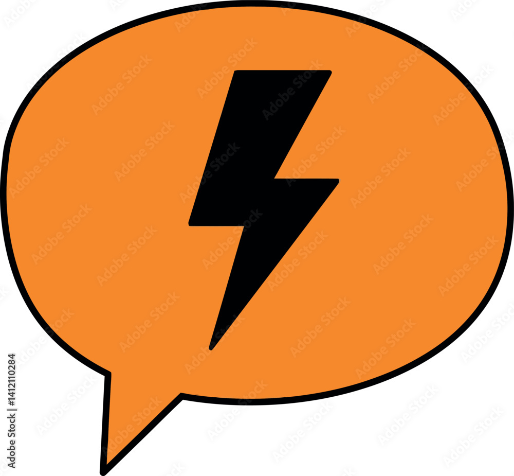 Poster speech bubble with black lightning bolt icon inside in flat orange minimal design vector illustratio