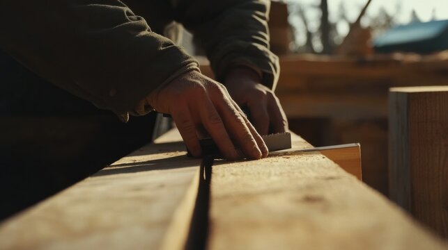 Carpenter using a circular saw to cut wooden planks at a construction site. Featuring craftsmanship and accuracy