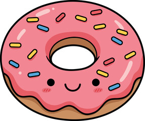 Fototapeta premium Cute smiling donut with pink icing and colorful sprinkles flat design vector illustration