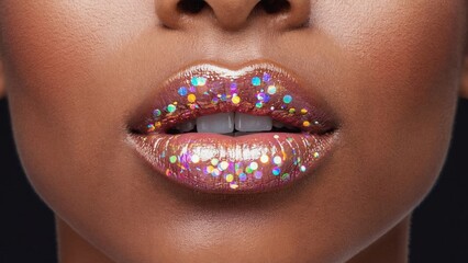 Sparkling glitter lipstick. Sparkly, eye-catching cosmetic accessory with a shiny finish.