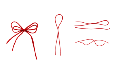 Red string with tied bow and loops isolated on trasparent background