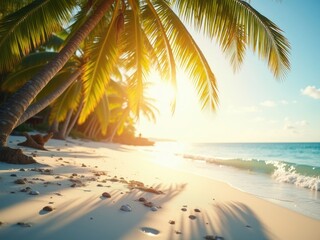 Luz dorada del sol proyecta sombras moteadas sobre la arena blanca entre palmeras