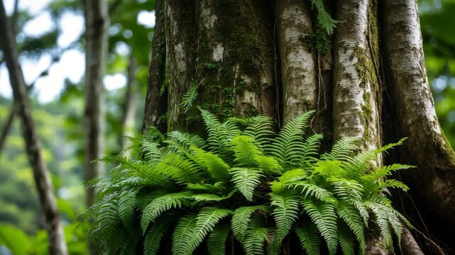 Bird nest fern, a tropical rainforest plant, grows as an epiphyte on a tree, displayed on a white background.