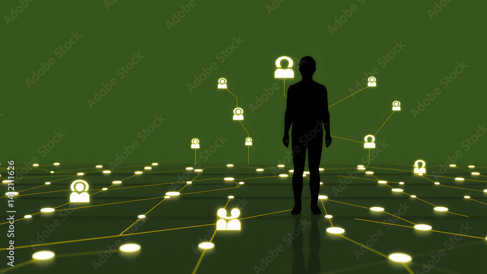 Poster background technology minimalist human silhouette nodes with social connection streams in platform b