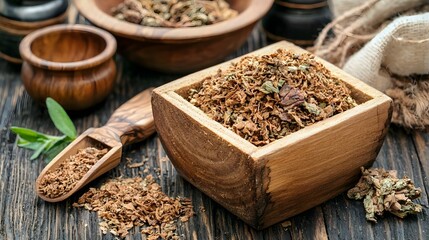 Close up of a rustic wooden container filled with a blend of loose leaf aromatic chewing tobacco and natural herbs and spices