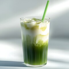 Iced matcha latte, glass with straw, green and white color gradient
