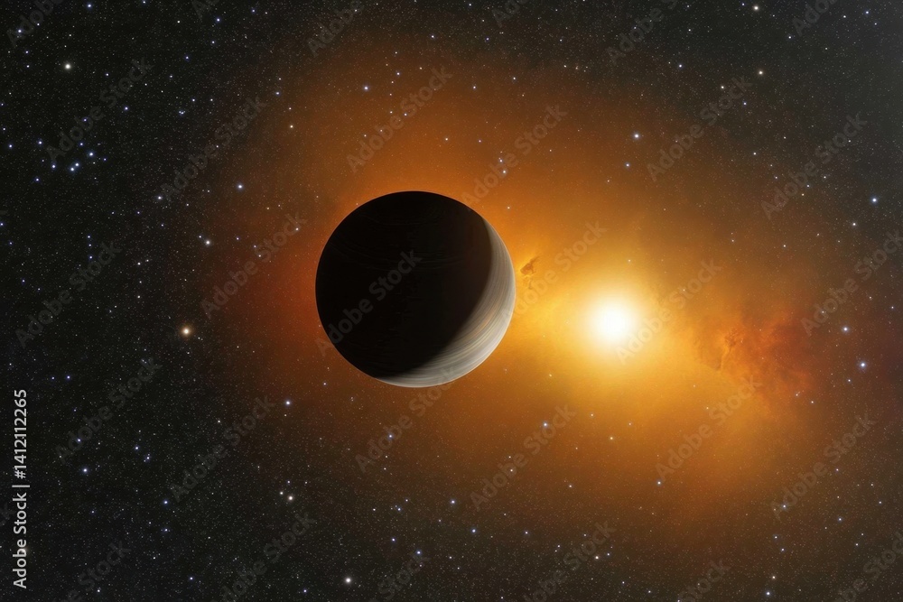 Poster celestial phenomena display a planet orbiting a star in vibrant cosmic surroundings