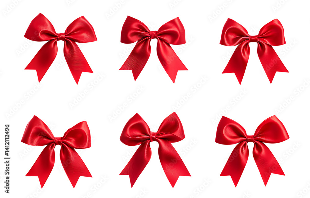 Poster six red satin bows arranged symmetrically on a trasparent background