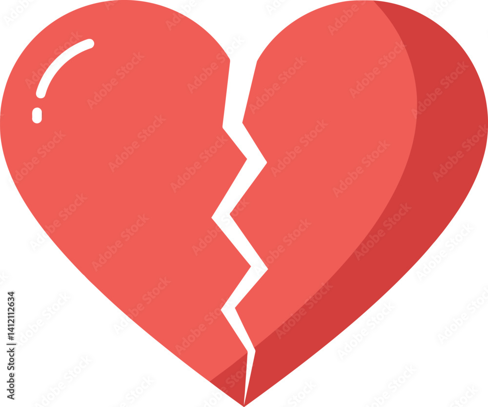 Poster broken red heart symbol with glossy highlights in flat style representing sadness and heartbreak vec