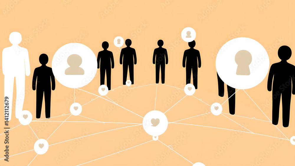 Poster background technology minimalist human silhouette nodes with social connection streams in platform b