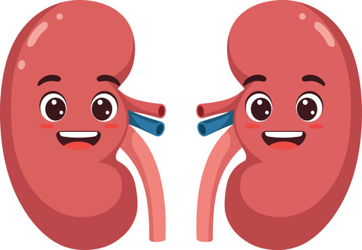 Two happy human kidneys with cartoon faces smiling friendly flat design vector illustration