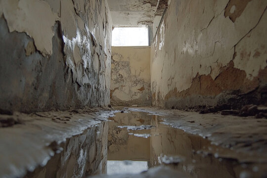 A flooded basement with peeling paint and a small window showing light