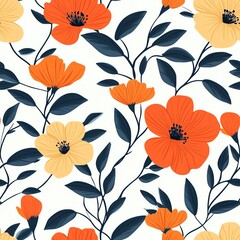 Floral Seamless Pattern Featuring Orange and Yellow Flowers with Navy Leaves on White Background