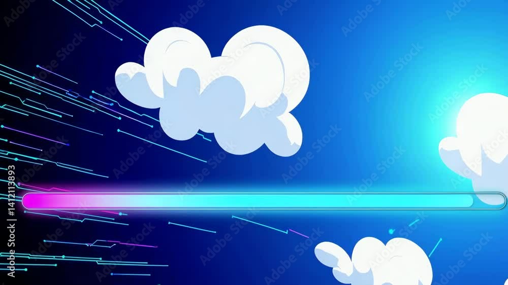 Poster colorful data loading bar transitions from digital to cloud interface with speed and vibrancy