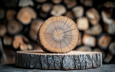 Wood slice display on a wooden stump