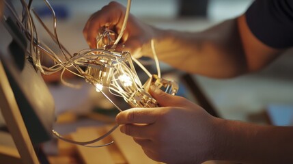 Electrical contractor installing light fixtures at a construction site. Featuring safety and skill