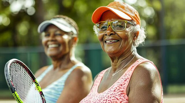 Elderly African American women with tennis rackets in hands, active lifestyle in retirement, tennis in old age