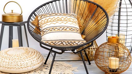 Interior arrangement with an Acapulco chair and boho style decorations