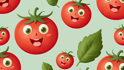 Cheerful cartoon tomatoes with smiling faces and green leaves on light background