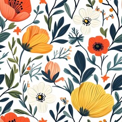 Seamless Floral Pattern with Colorful Flowers and Leaves on White Background
