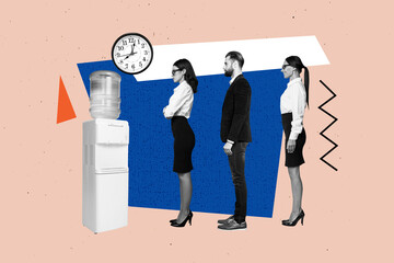 Trend template sketch design photo collage of businesspeople young lady man stand line wait water...