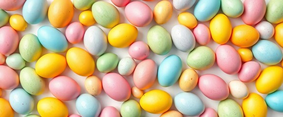Fototapeta premium Vibrant seamless pattern of pastel and brightly colored Easter eggs on white background, holiday clipart, clipart